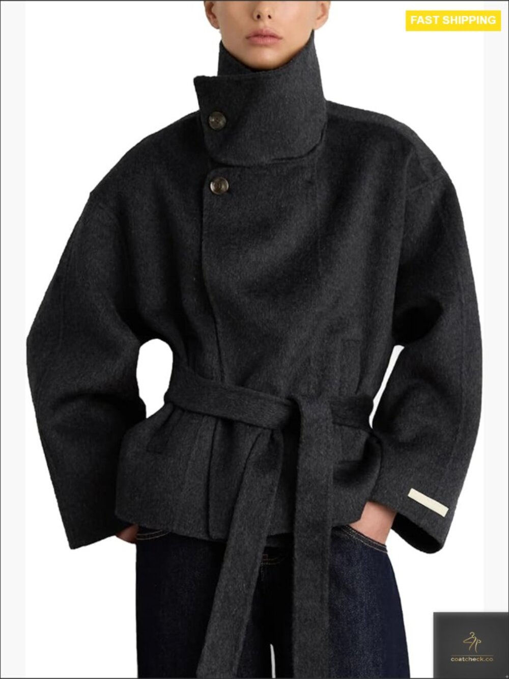 Cropped Pea Coat Wool Blend Belted Stand Collar Elegant Fall Winter Outwear